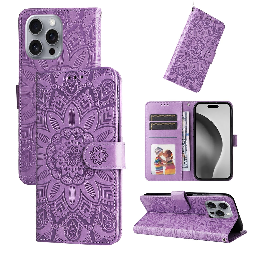 iPhone 16 Pro Max Sunflower Embossed Leather Wallet Phone Case with Kickstand and Card Holder