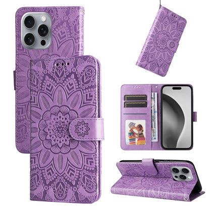 iPhone 16 Pro Max Sunflower Embossed Leather Wallet Phone Case with Kickstand and Card Holder