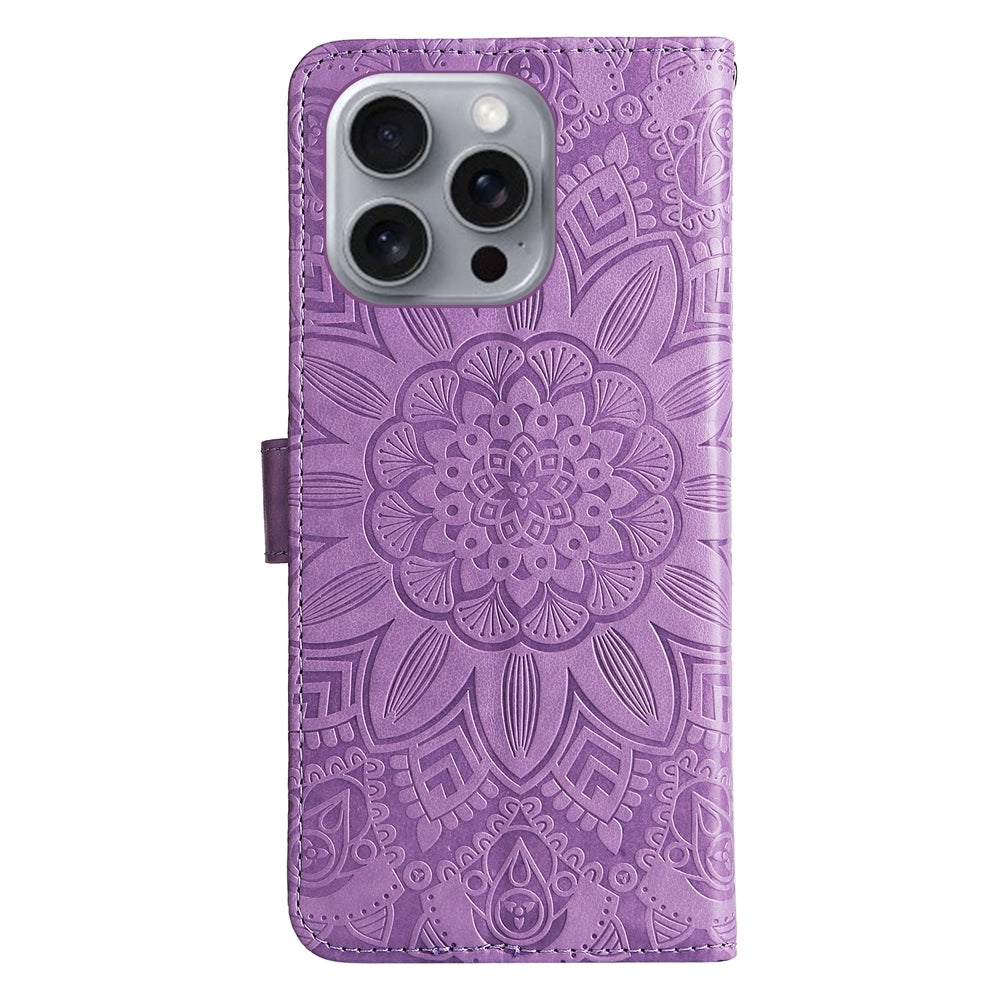 iPhone 16 Pro Max Sunflower Embossed Leather Wallet Phone Case with Kickstand and Card Holder