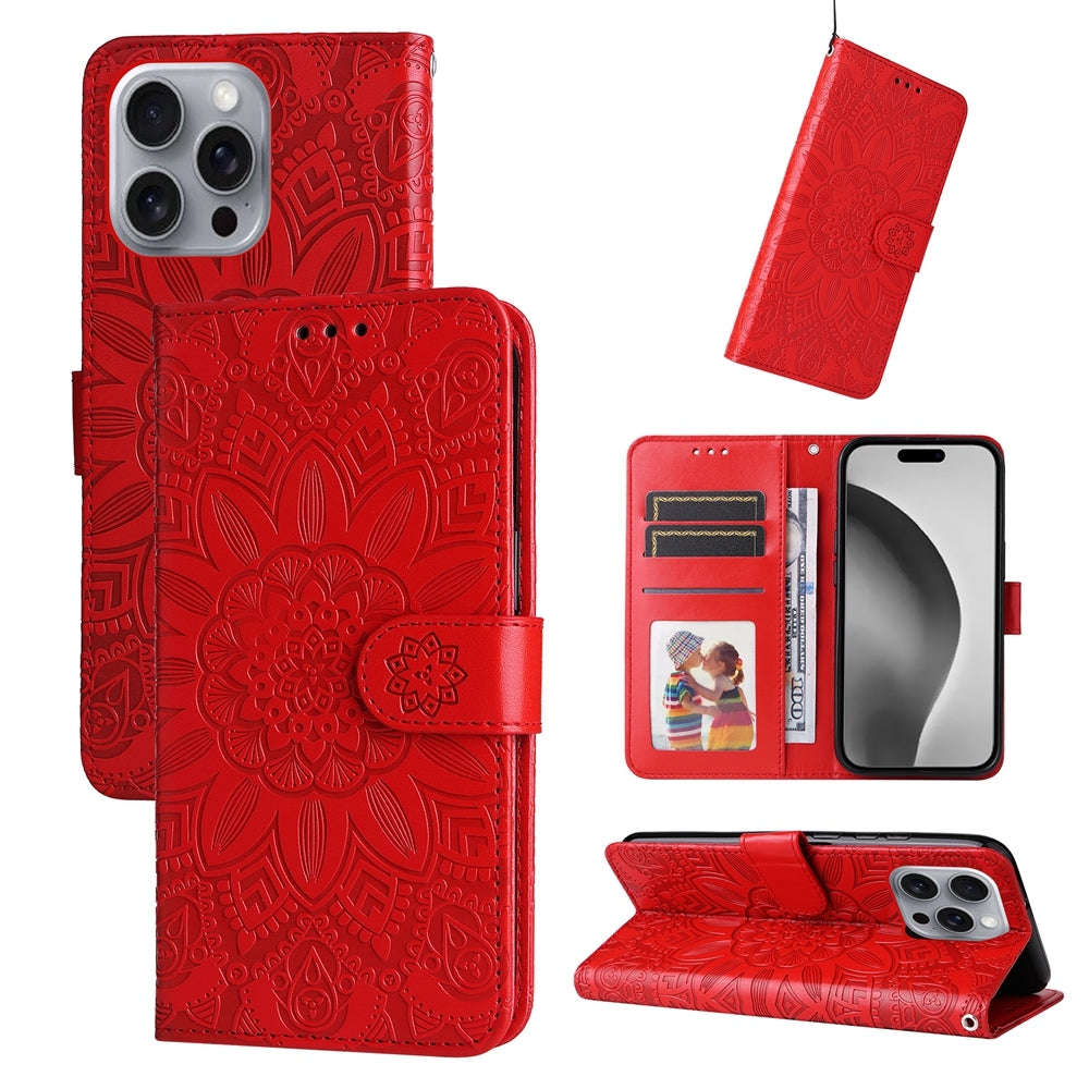 iPhone 16 Pro Max Sunflower Embossed Leather Wallet Phone Case with Kickstand and Card Holder