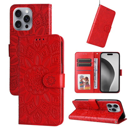 iPhone 16 Pro Max Sunflower Embossed Leather Wallet Phone Case with Kickstand and Card Holder