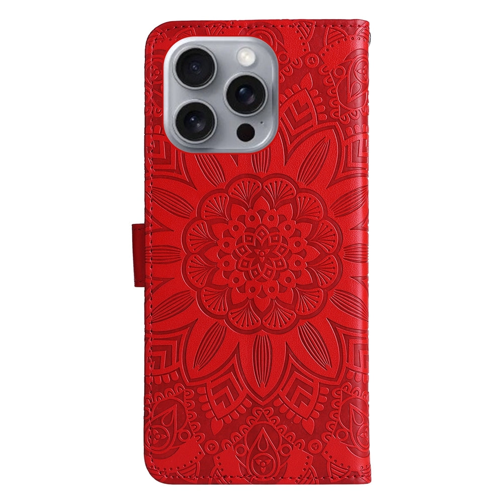 iPhone 16 Pro Max Sunflower Embossed Leather Wallet Phone Case with Kickstand and Card Holder