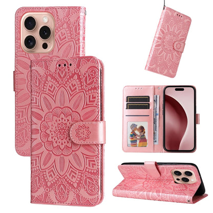 iPhone 16 Pro Sunflower Embossed Leather Wallet Phone Case with Kickstand and Card Holder