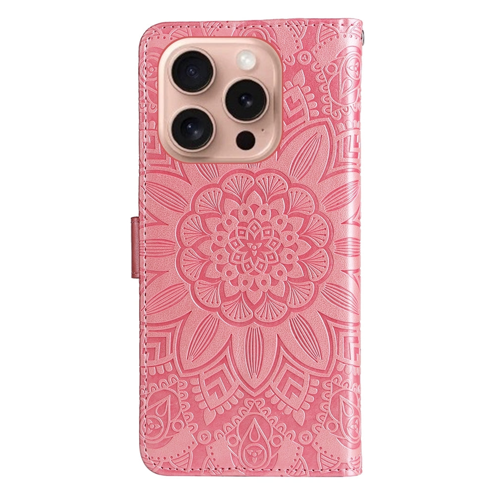 iPhone 16 Pro Sunflower Embossed Leather Wallet Phone Case with Kickstand and Card Holder