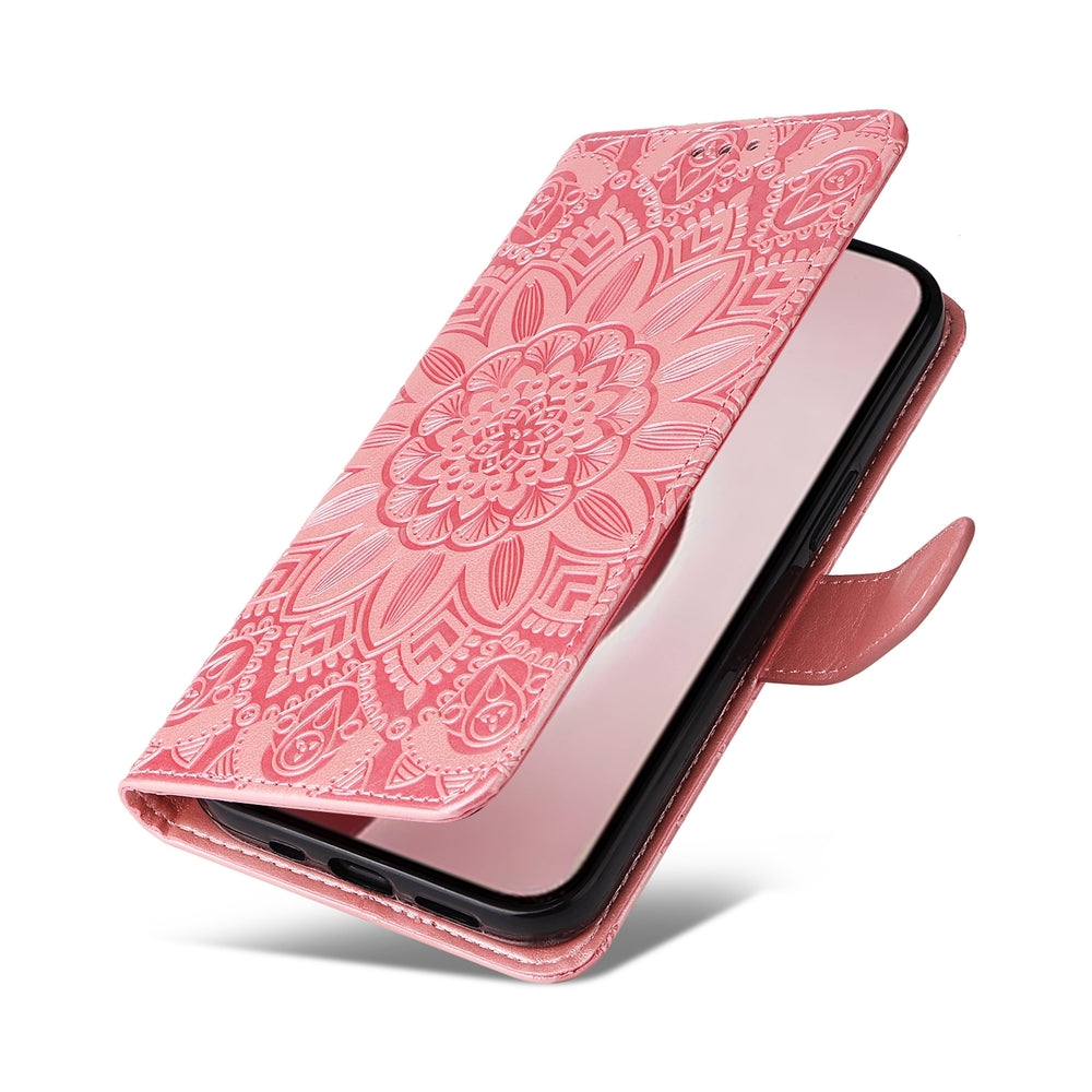 iPhone 16 Pro Sunflower Embossed Leather Wallet Phone Case with Kickstand and Card Holder