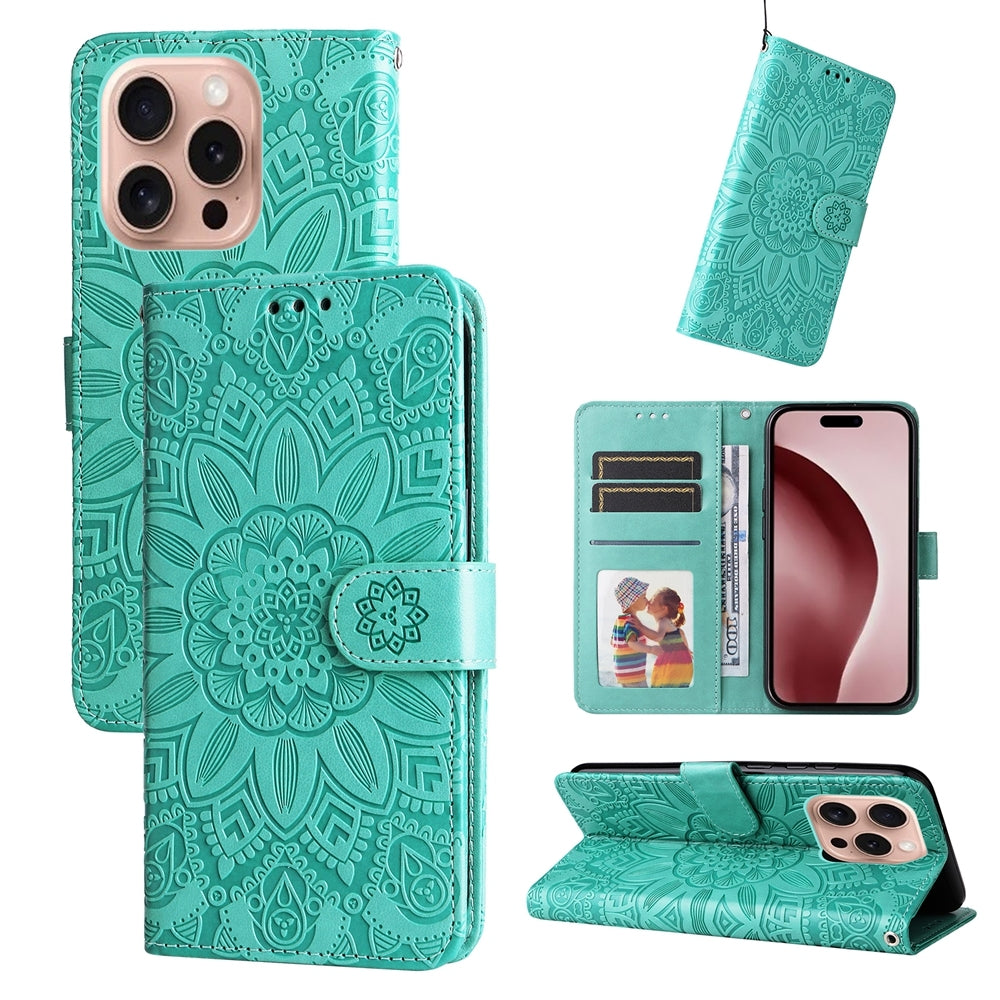 iPhone 16 Pro Sunflower Embossed Leather Wallet Phone Case with Kickstand and Card Holder