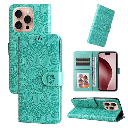 iPhone 16 Pro Sunflower Embossed Leather Wallet Phone Case with Kickstand and Card Holder