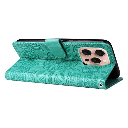 iPhone 16 Pro Sunflower Embossed Leather Wallet Phone Case with Kickstand and Card Holder