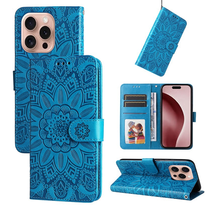 iPhone 16 Pro Sunflower Embossed Leather Wallet Phone Case with Kickstand and Card Holder