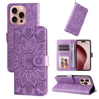 iPhone 16 Pro Sunflower Embossed Leather Wallet Phone Case with Kickstand and Card Holder