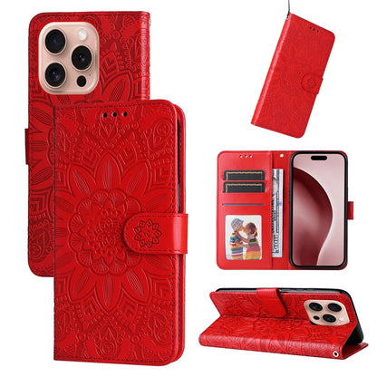 iPhone 16 Pro Sunflower Embossed Leather Wallet Phone Case with Kickstand and Card Holder