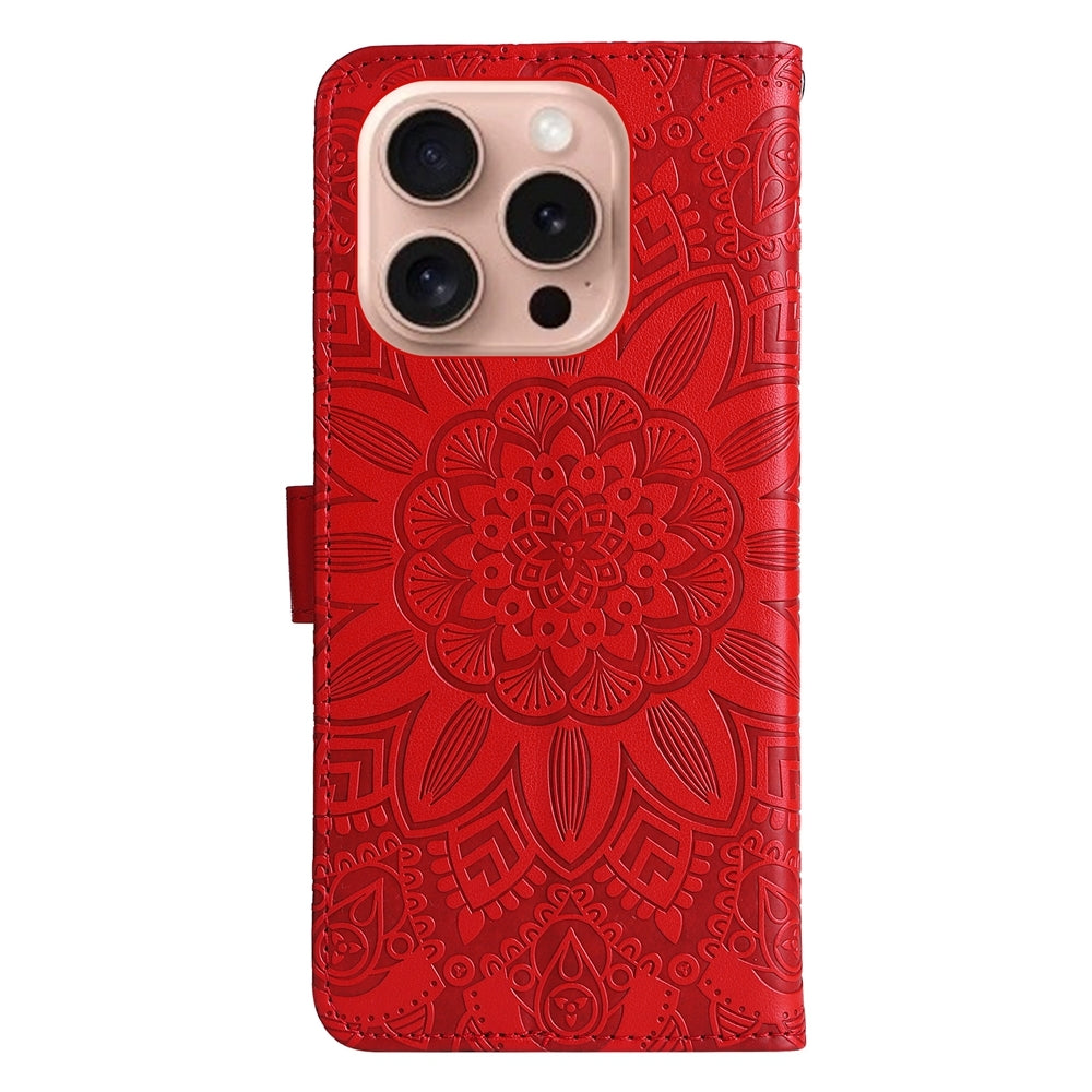 iPhone 16 Pro Sunflower Embossed Leather Wallet Phone Case with Kickstand and Card Holder