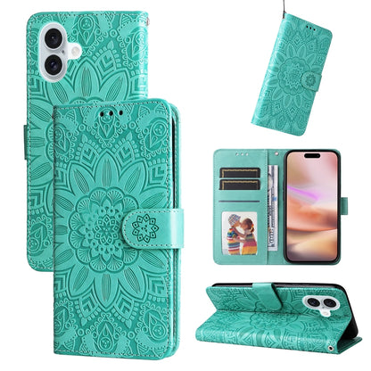 iPhone 16 Plus Sunflower Embossed Leather Wallet Phone Case with Kickstand and Card Holder