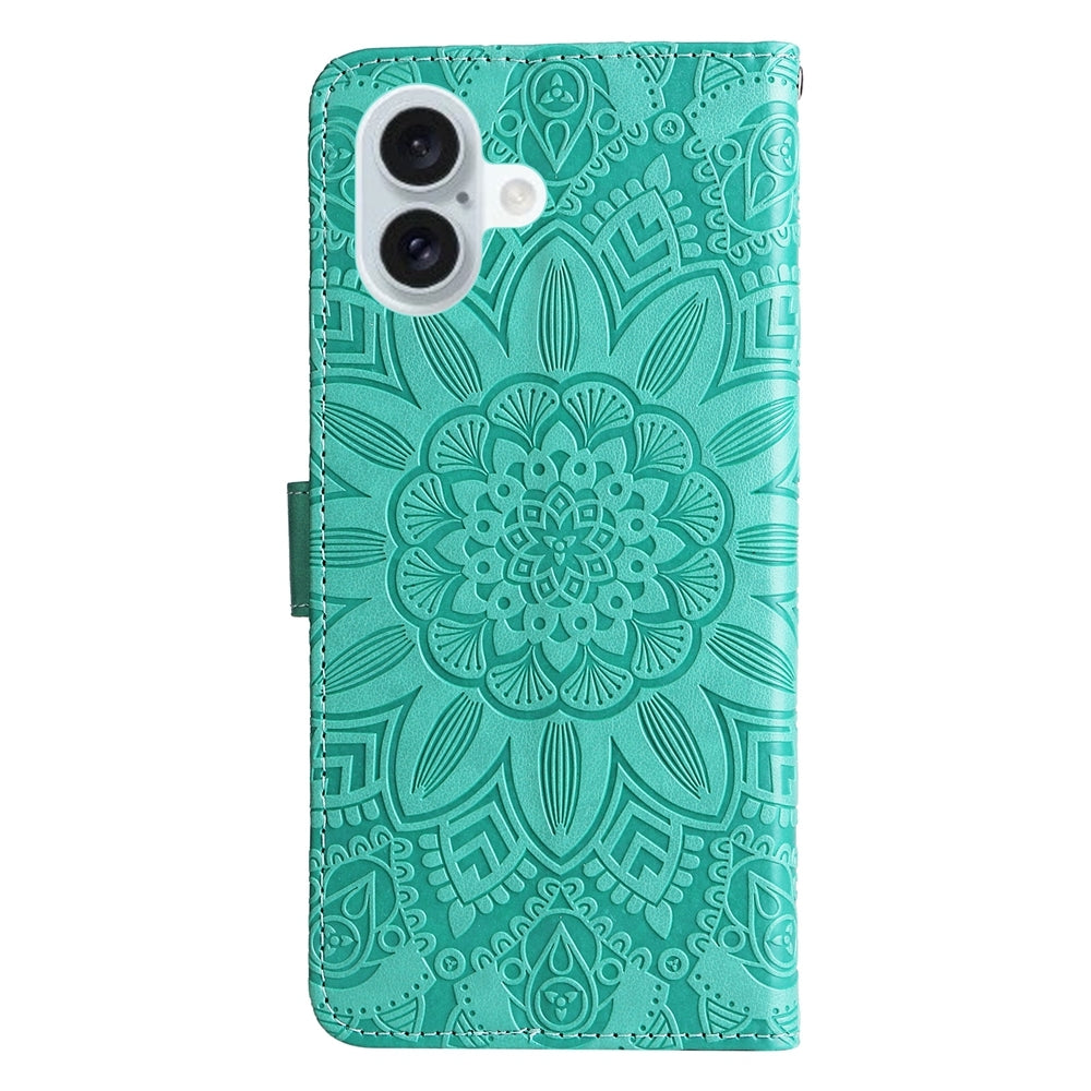 iPhone 16 Plus Sunflower Embossed Leather Wallet Phone Case with Kickstand and Card Holder