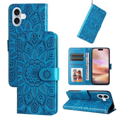 iPhone 16 Plus Sunflower Embossed Leather Wallet Phone Case with Kickstand and Card Holder