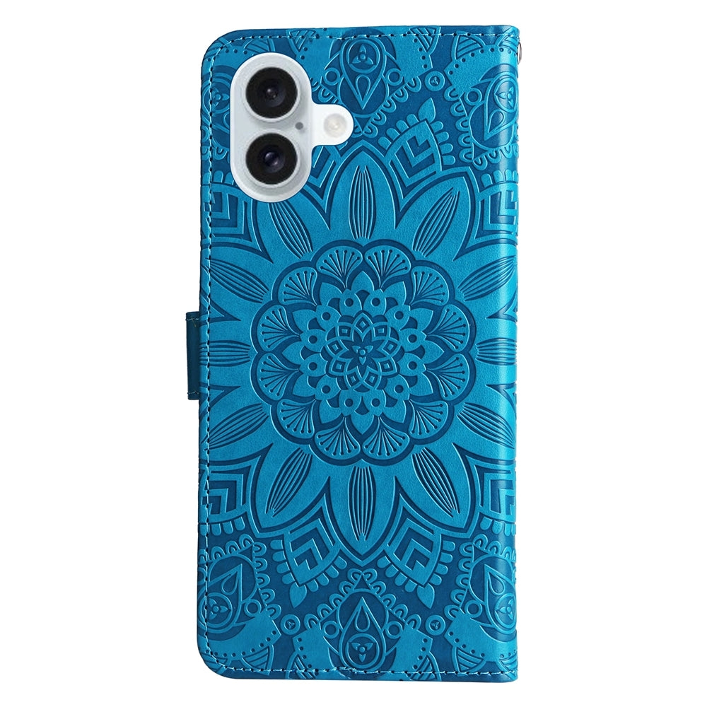 iPhone 16 Plus Sunflower Embossed Leather Wallet Phone Case with Kickstand and Card Holder