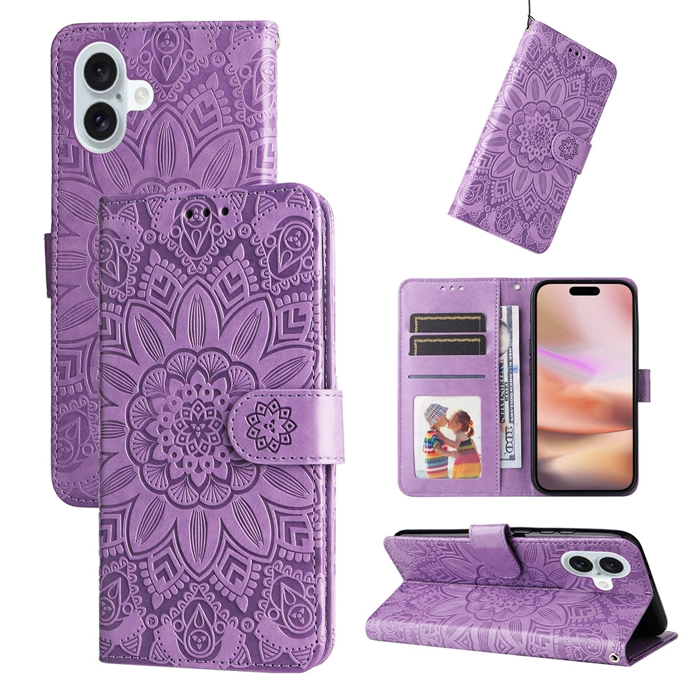 iPhone 16 Plus Sunflower Embossed Leather Wallet Phone Case with Kickstand and Card Holder