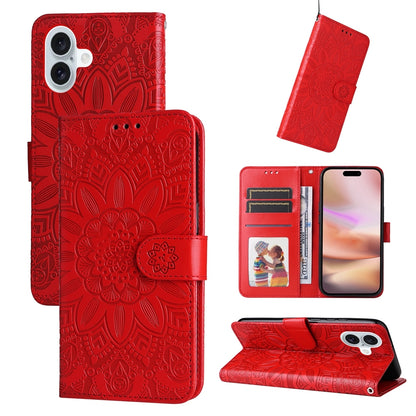 iPhone 16 Plus Sunflower Embossed Leather Wallet Phone Case with Kickstand and Card Holder