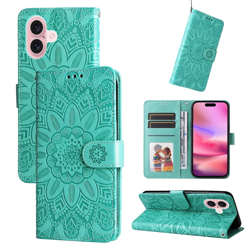 iPhone 16 Sunflower Embossed Leather Wallet Phone Case with Kickstand and Card Holder