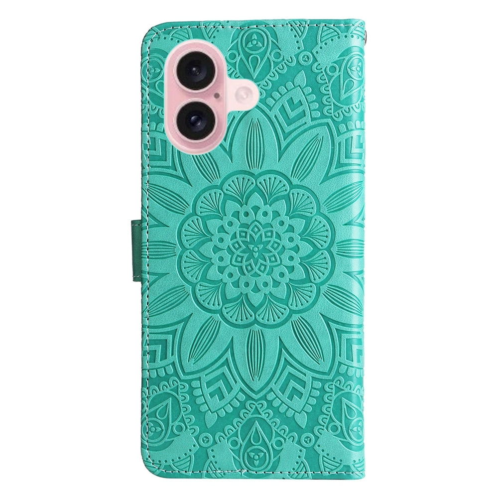 iPhone 16 Sunflower Embossed Leather Wallet Phone Case with Kickstand and Card Holder