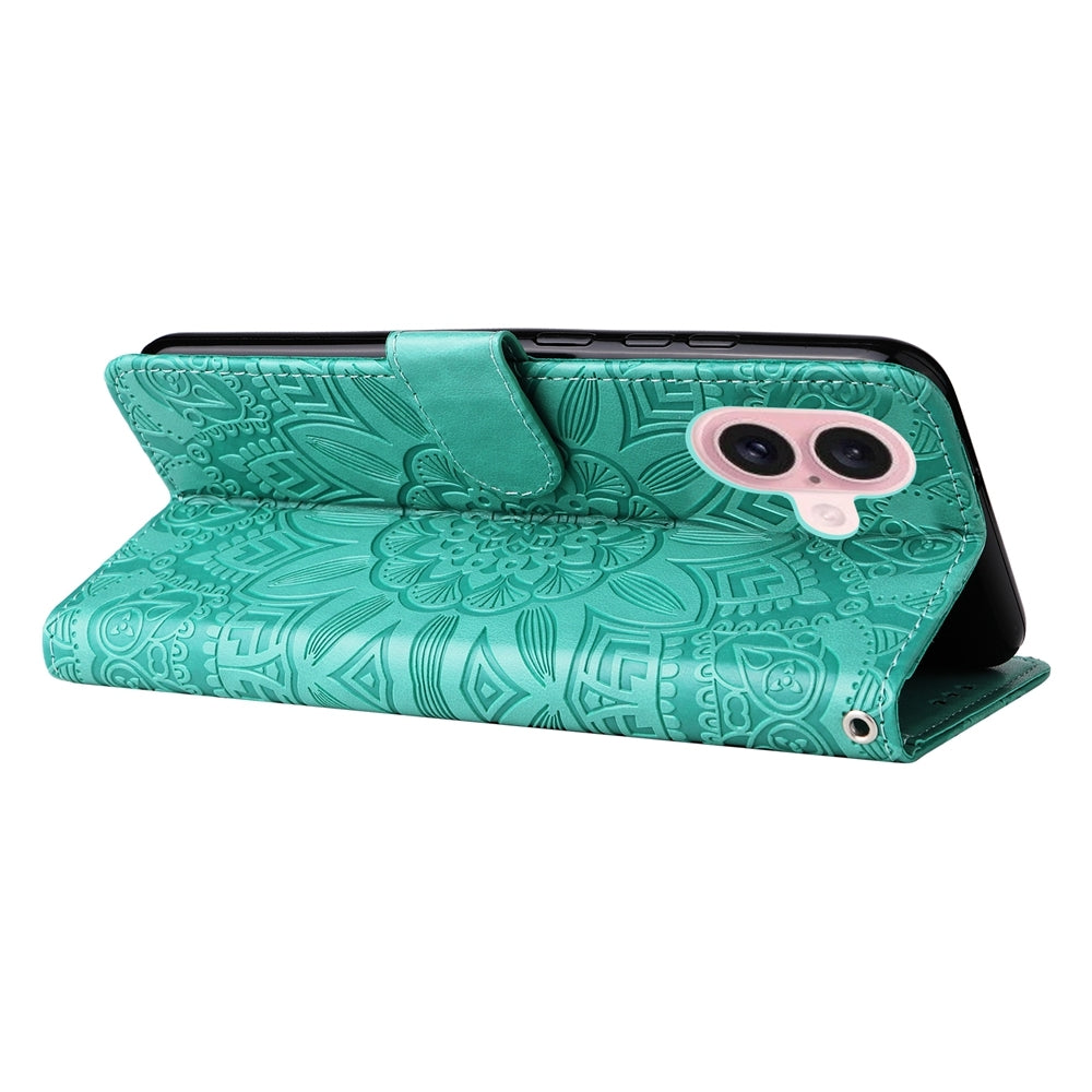 iPhone 16 Sunflower Embossed Leather Wallet Phone Case with Kickstand and Card Holder