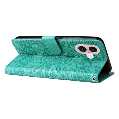 iPhone 16 Sunflower Embossed Leather Wallet Phone Case with Kickstand and Card Holder