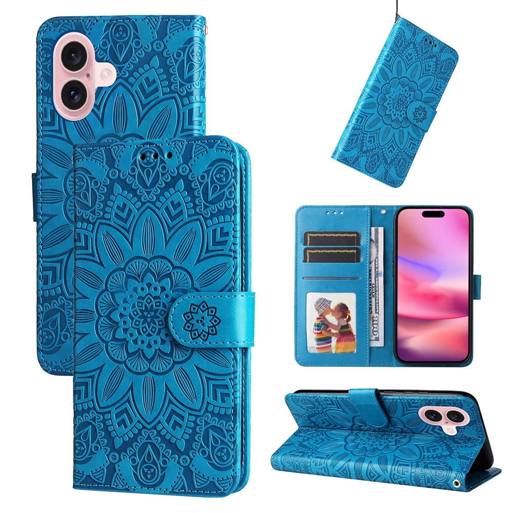 iPhone 16 Sunflower Embossed Leather Wallet Phone Case with Kickstand and Card Holder