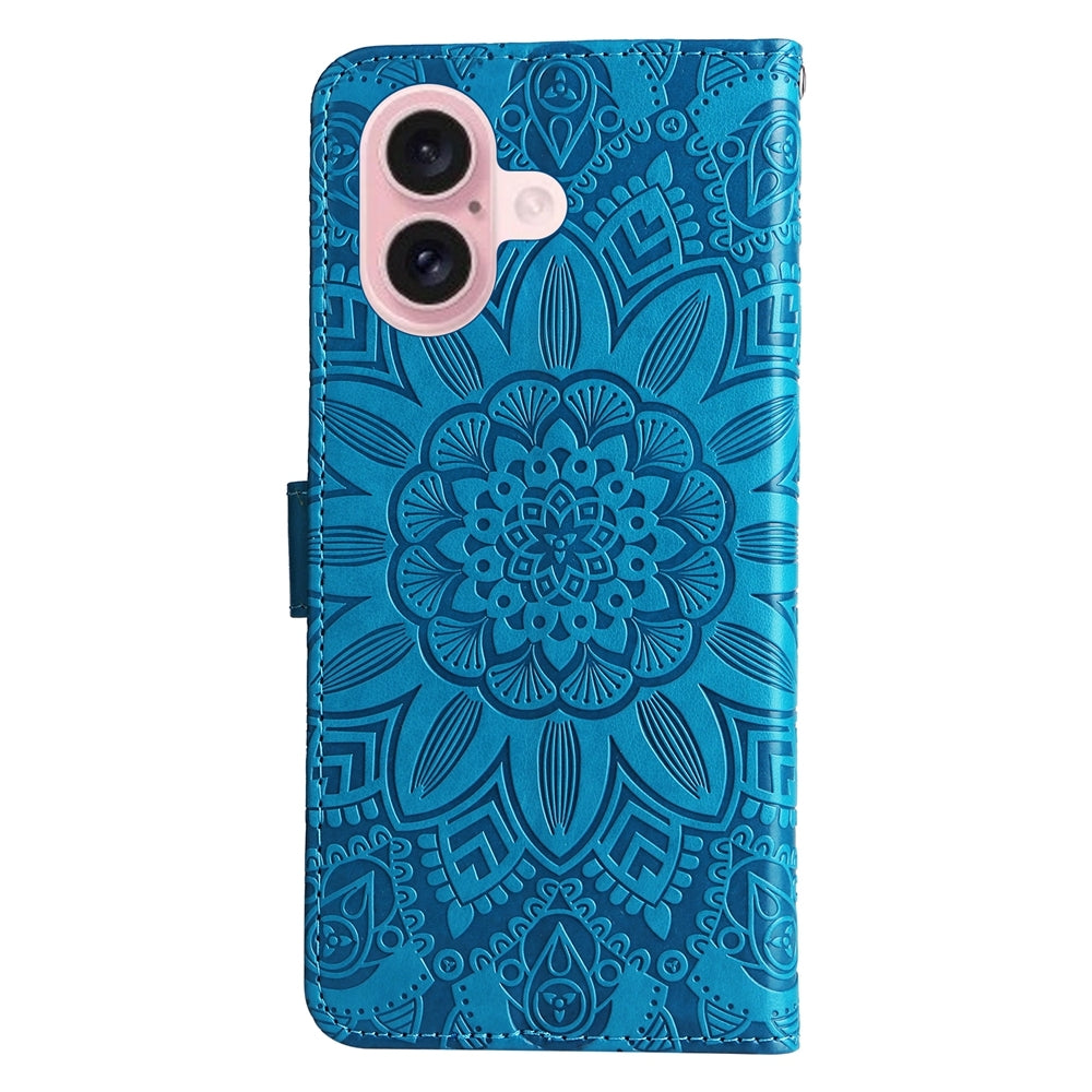 iPhone 16 Sunflower Embossed Leather Wallet Phone Case with Kickstand and Card Holder