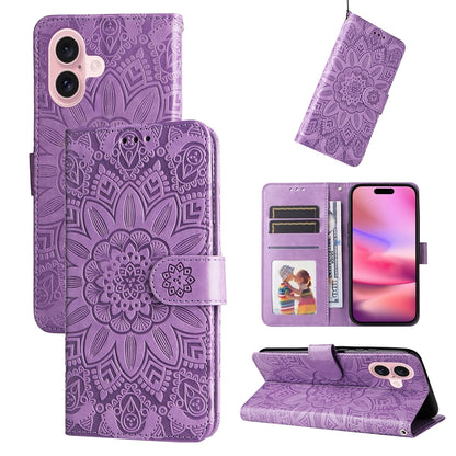 iPhone 16 Sunflower Embossed Leather Wallet Phone Case with Kickstand and Card Holder