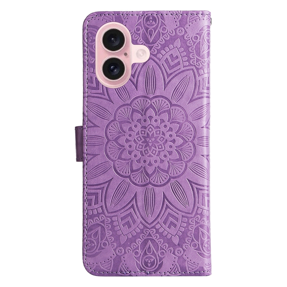 iPhone 16 Sunflower Embossed Leather Wallet Phone Case with Kickstand and Card Holder