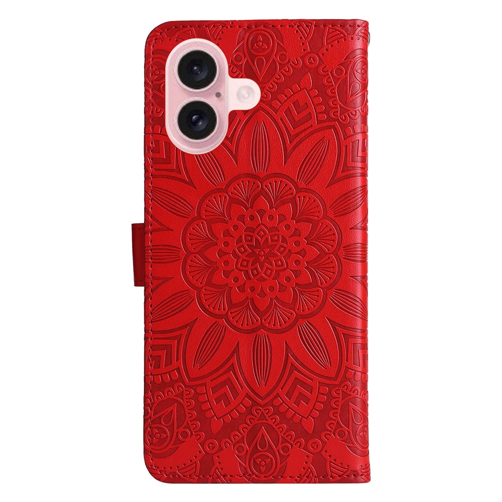 iPhone 16 Sunflower Embossed Leather Wallet Phone Case with Kickstand and Card Holder