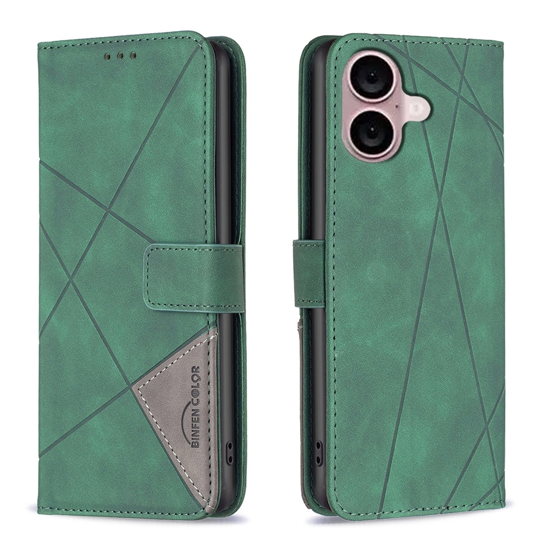 iPhone 16 Rhombus Texture Leather Phone Case with Magnetic Buckle and Card Holder