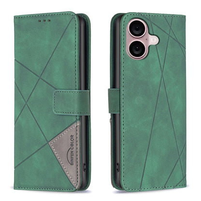iPhone 16 Rhombus Texture Leather Phone Case with Magnetic Buckle and Card Holder