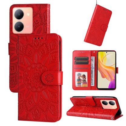 vivo Y78 5G Foreign Sunflower Embossed Leather Wallet Phone Case with Kickstand and Card Holder