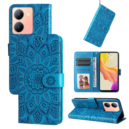 vivo Y78 5G Foreign Sunflower Embossed Leather Wallet Phone Case with Kickstand and Card Holder