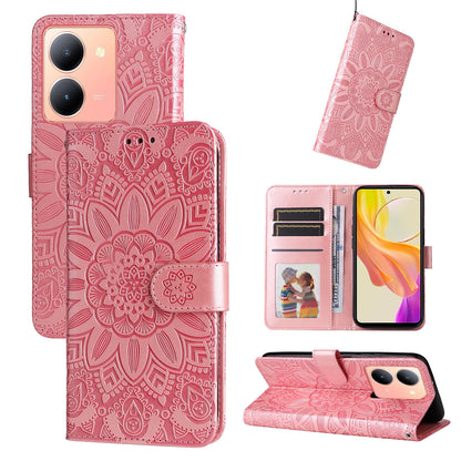 vivo Y78 5G Foreign Sunflower Embossed Leather Wallet Phone Case with Kickstand and Card Holder