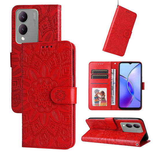 For vivo Y17s Sunflower Embossed Leather Wallet Phone Case with Kickstand and Card Holder