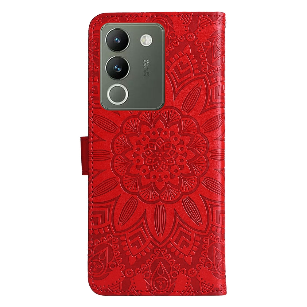 vivo V29e Global Sunflower Embossed Leather Wallet Phone Case with Kickstand and Card Holder