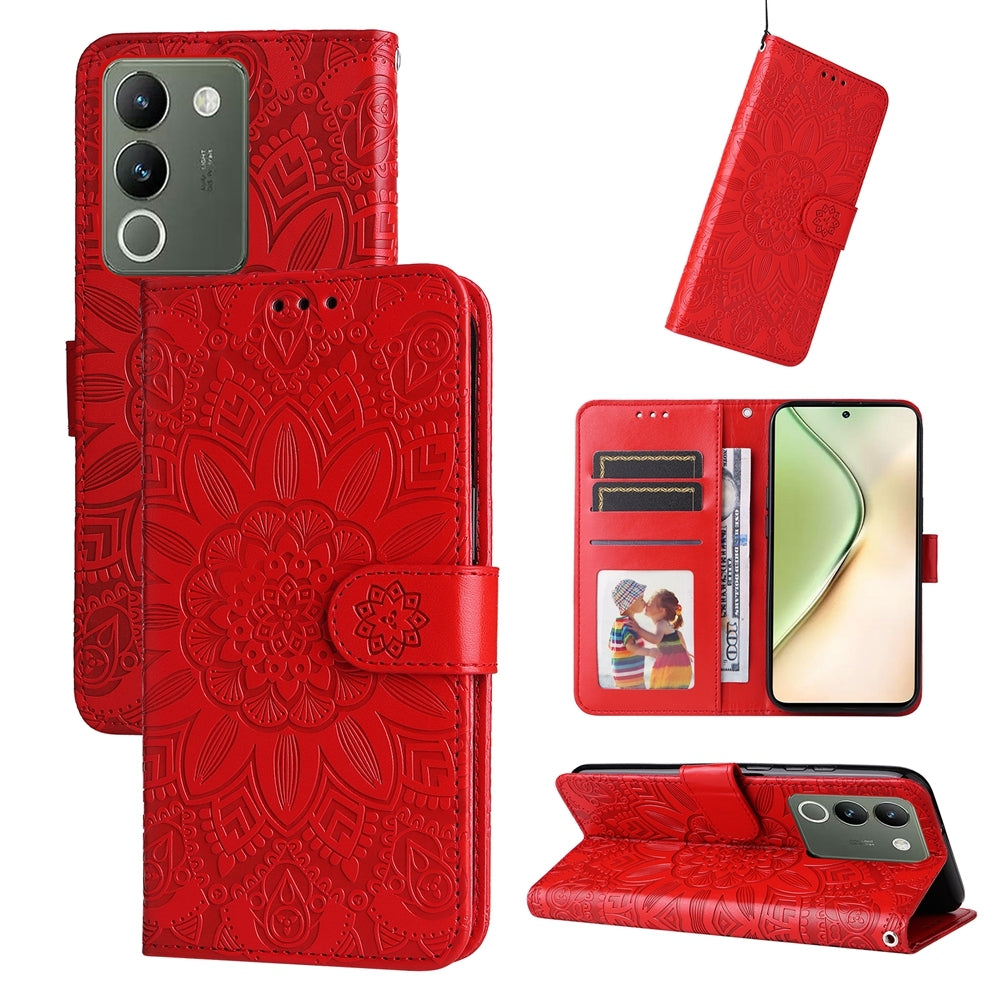 vivo V29e Global Sunflower Embossed Leather Wallet Phone Case with Kickstand and Card Holder