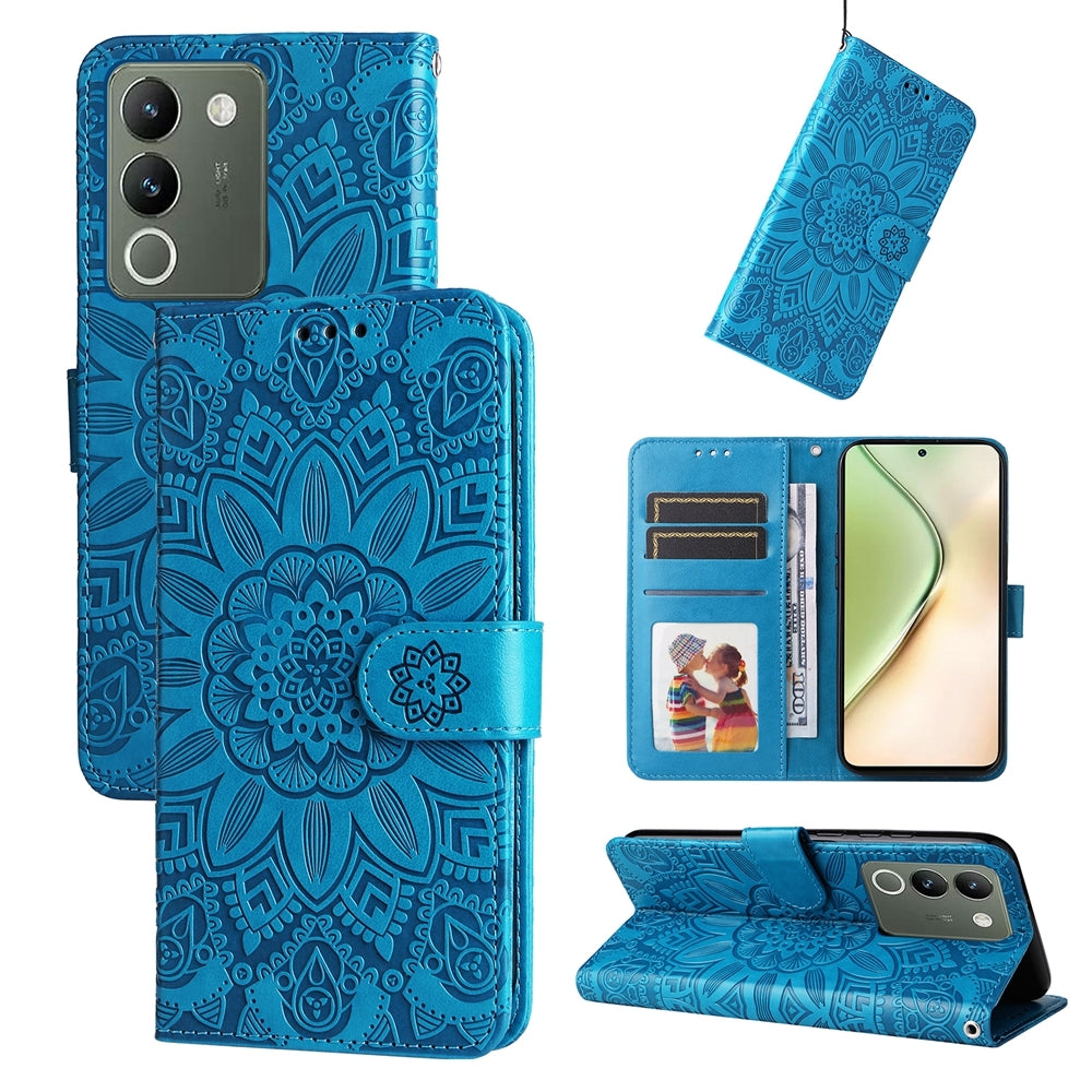 For vivo Y200 Sunflower Embossed Leather Wallet Phone Case with Kickstand and Card Holder