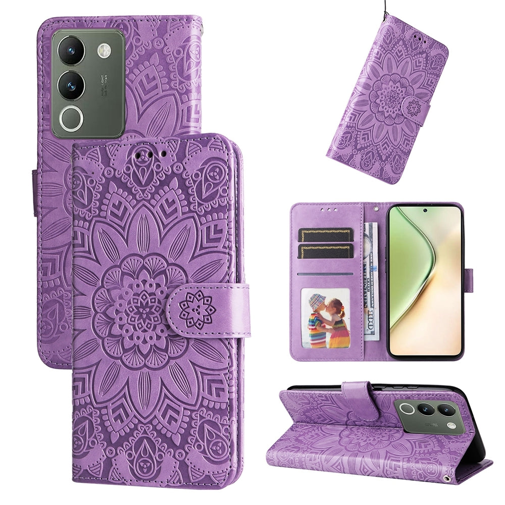 vivo V29e Global Sunflower Embossed Leather Wallet Phone Case with Kickstand and Card Holder