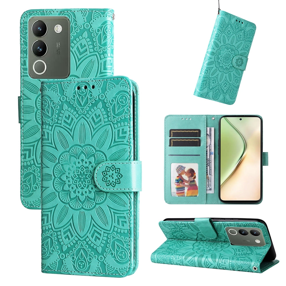 For vivo Y200 Sunflower Embossed Leather Wallet Phone Case with Kickstand and Card Holder