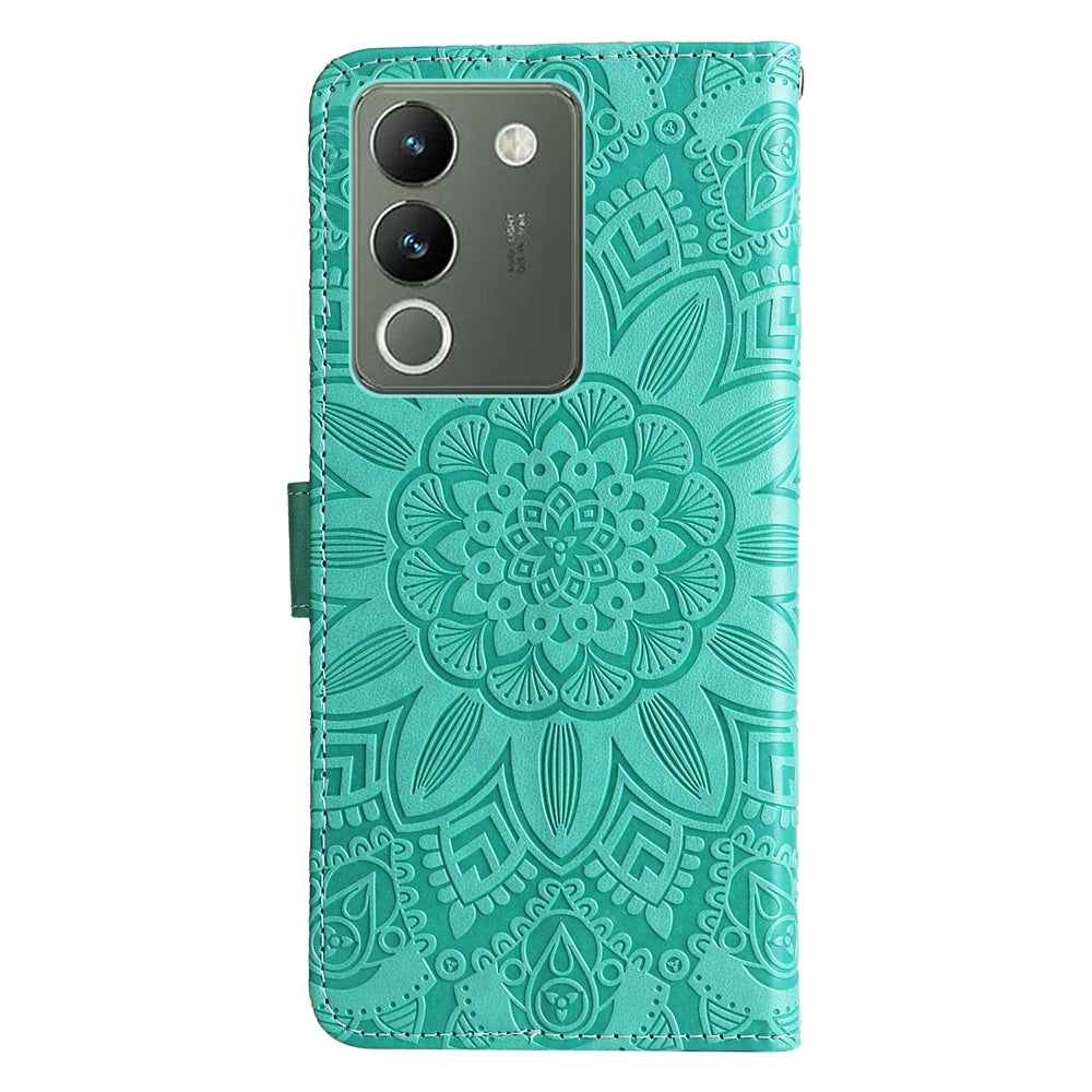 vivo V29e Global Sunflower Embossed Leather Wallet Phone Case with Kickstand and Card Holder