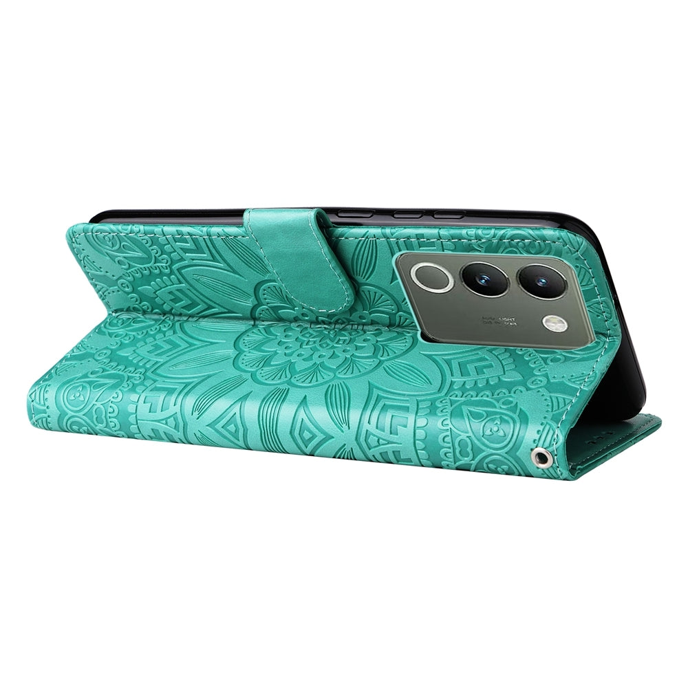 For vivo Y200 Sunflower Embossed Leather Wallet Phone Case with Kickstand and Card Holder