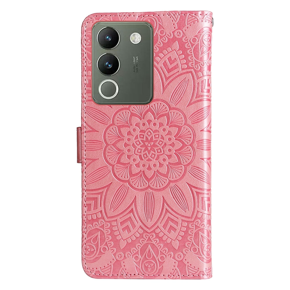 vivo V29e Global Sunflower Embossed Leather Wallet Phone Case with Kickstand and Card Holder