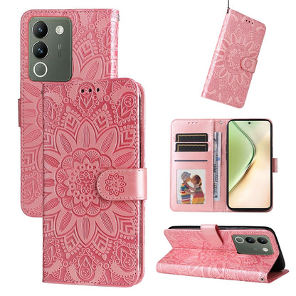 vivo V29e Global Sunflower Embossed Leather Wallet Phone Case with Kickstand and Card Holder