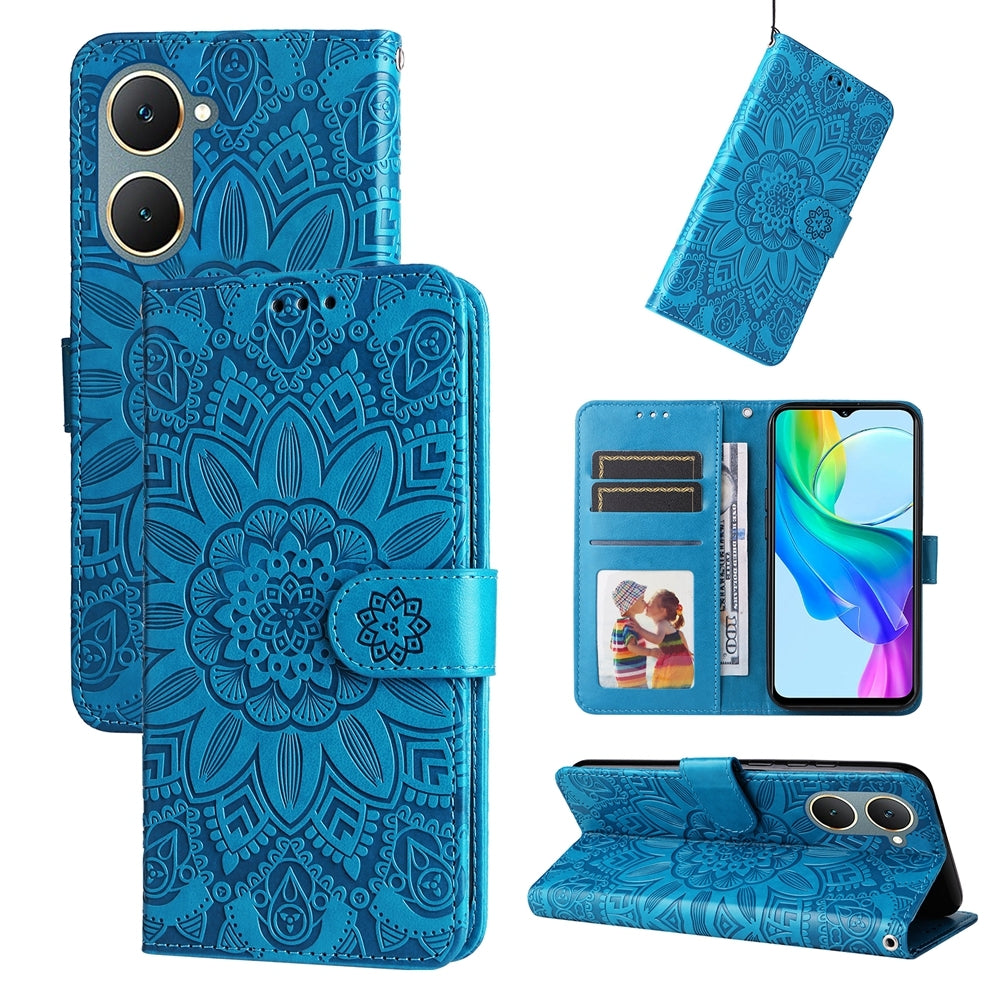 vivo Y03 4G Sunflower Embossed Leather Wallet Phone Case with Kickstand and Card Holder