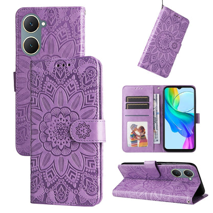 vivo Y03 4G Sunflower Embossed Leather Wallet Phone Case with Kickstand and Card Holder