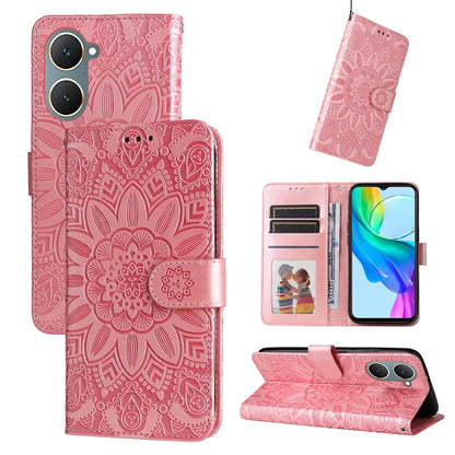 vivo Y03 4G Sunflower Embossed Leather Wallet Phone Case with Kickstand and Card Holder