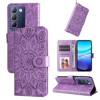 vivo Y100 IDN Sunflower Embossed Leather Wallet Phone Case with Kickstand and Card Holder